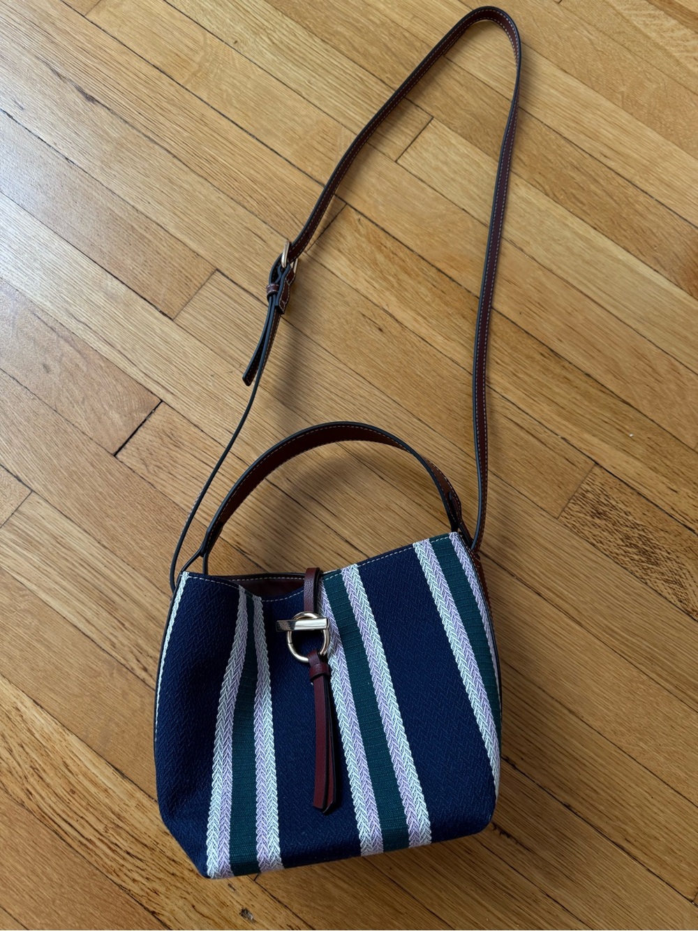 H&M Navy Striped Crossbody Bag with Brown Leather Trim